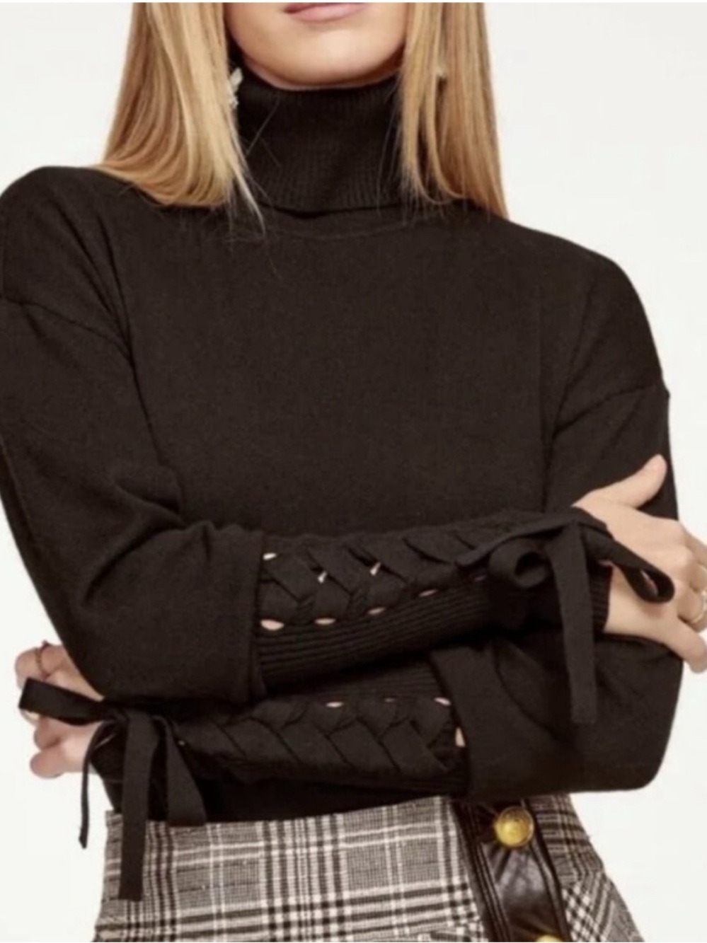 Ramy Brook Black Lace-Up Sleeve Turtleneck Sweater,